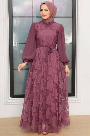 Neva Style - Dantel Detaylı Koyu Gül Kurusu Tesettür Elbise 1063KGK - 3