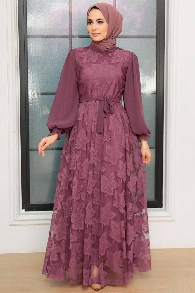 Neva Style - Dantel Detaylı Koyu Gül Kurusu Tesettür Elbise 1063KGK - 3