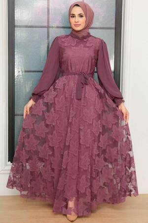 Neva Style - Dantel Detaylı Koyu Gül Kurusu Tesettür Elbise 1063KGK - 1
