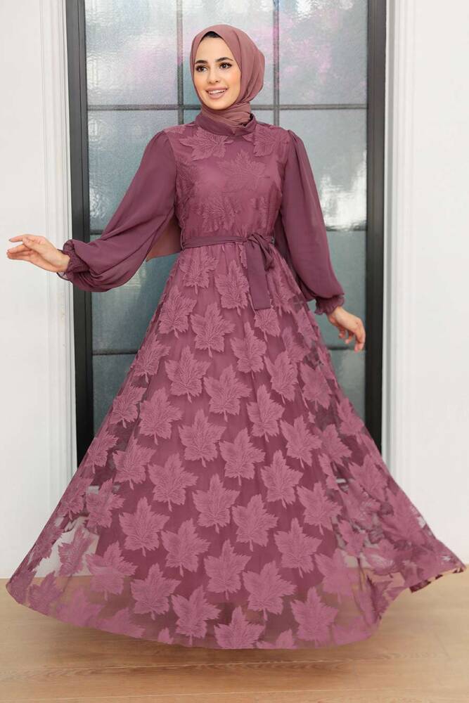 Neva Style - Dantel Detaylı Koyu Gül Kurusu Tesettür Elbise 1063KGK - 2