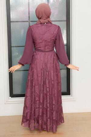 Neva Style - Dantel Detaylı Koyu Gül Kurusu Tesettür Elbise 1063KGK - 4
