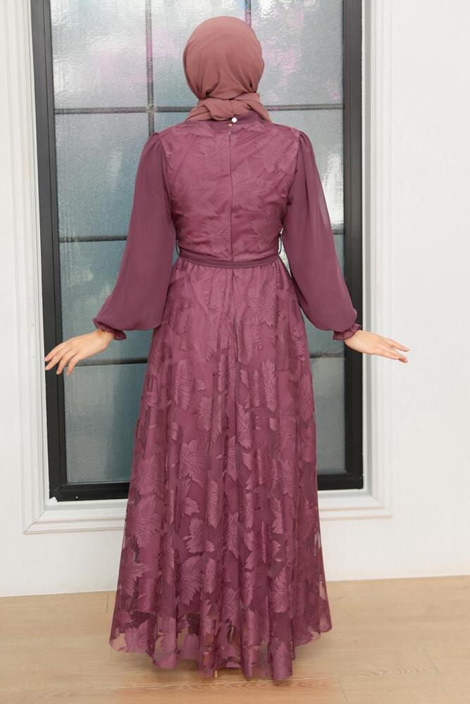 Neva Style - Dantel Detaylı Koyu Gül Kurusu Tesettür Elbise 1063KGK - 4