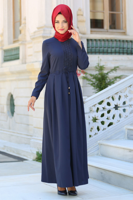 Neva Style - Dantel Detaylı Lacivert Tesettür Elbise 41000L