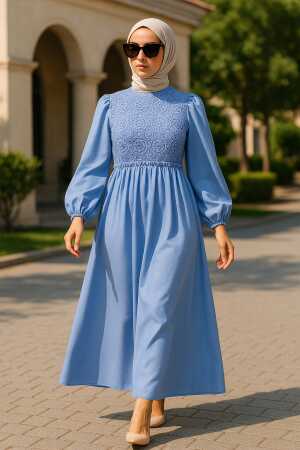  Dantel Detaylı Mavi Tesettür Elbise 5857M - 1