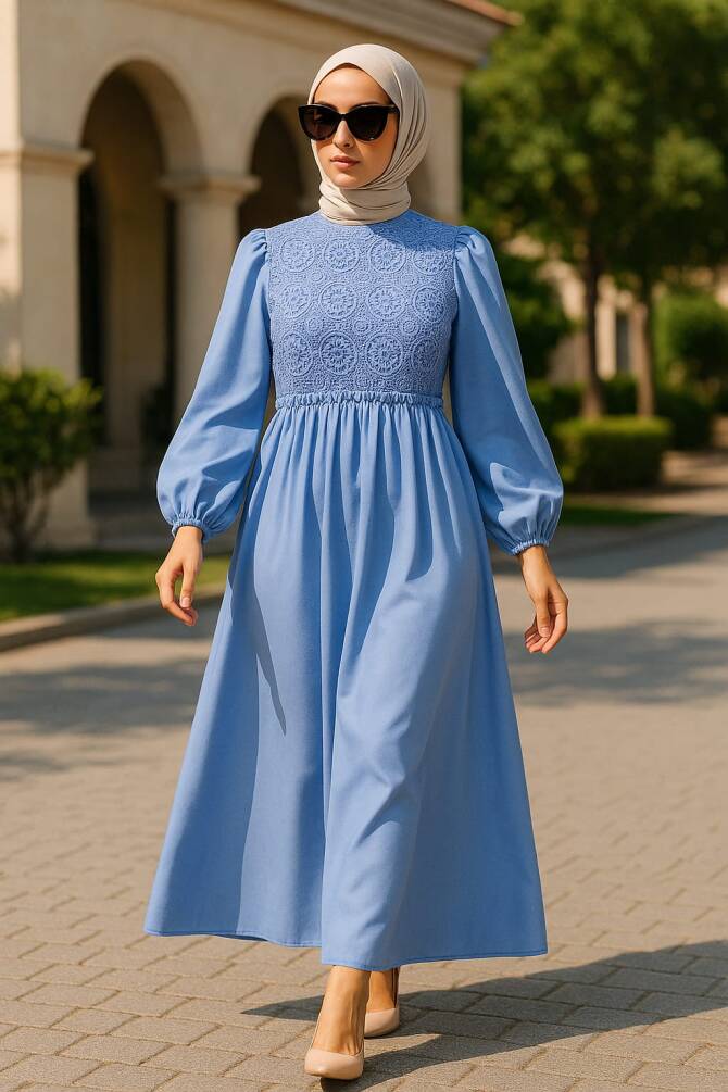 Dantel Detaylı Mavi Tesettür Elbise 5857M - 1