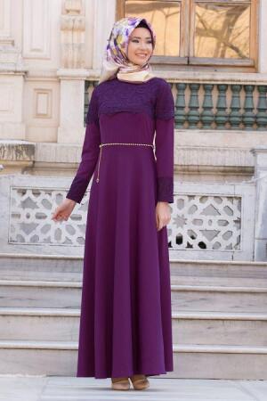 Neva Style - Dantel Detaylı Mor Tesettür Elbise 6647MOR - 1