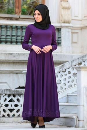 Neva Style - Dantel Detaylı Mor Tesettür Elbise 41450MOR - 1