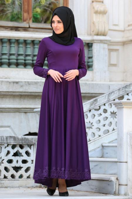 Neva Style - Dantel Detaylı Mor Tesettür Elbise 41450MOR - 1