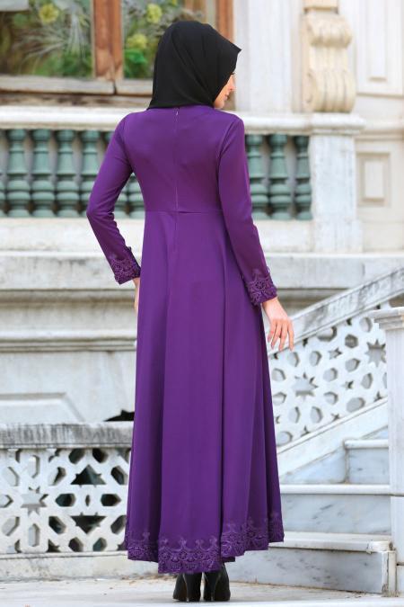 Neva Style - Dantel Detaylı Mor Tesettür Elbise 41450MOR - 3