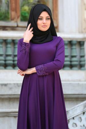 Neva Style - Dantel Detaylı Mor Tesettür Elbise 41450MOR - 2