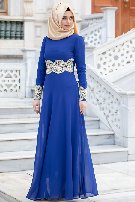 Neva Style - Dantel Detaylı Saks Mavi Elbise