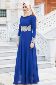 Neva Style - Dantel Detaylı Saks Mavi Elbise - Thumbnail