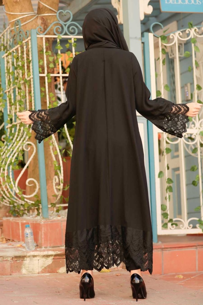  Dantel Detaylı Siyah Tesettür Abaya 1434S - 2