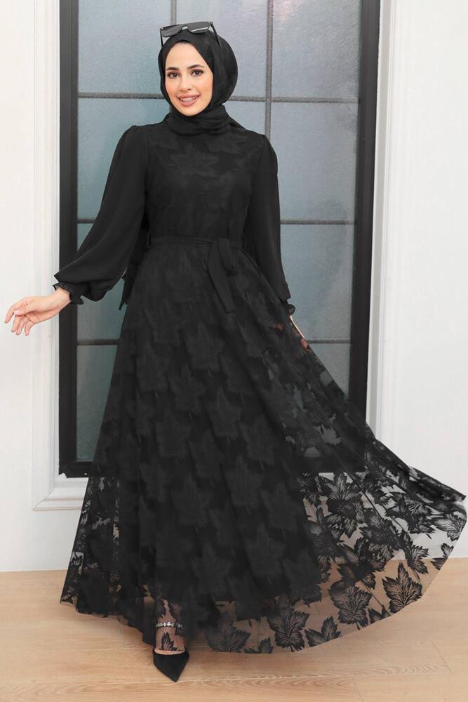 Neva Style - Dantel Detaylı Siyah Tesettür Elbise 1063S - 1