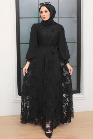 Neva Style - Dantel Detaylı Siyah Tesettür Elbise 1063S - 3
