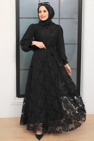 Neva Style - Dantel Detaylı Siyah Tesettür Elbise 1063S - 2