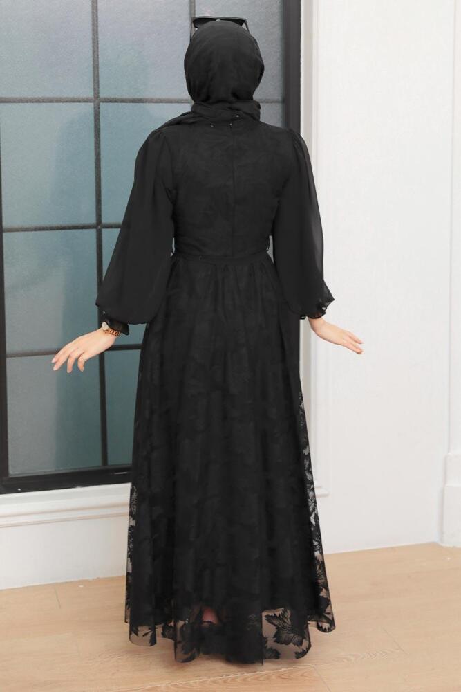 Neva Style - Dantel Detaylı Siyah Tesettür Elbise 1063S - 4
