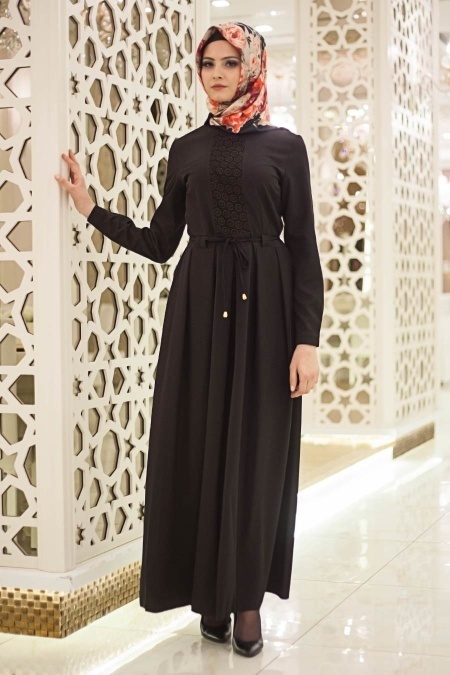 Neva Style - Dantel Detaylı Siyah Tesettür Elbise 41000S