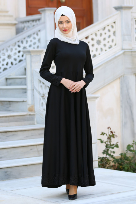 Neva Style - Dantel Detaylı Siyah Tesettür Elbise 41450S