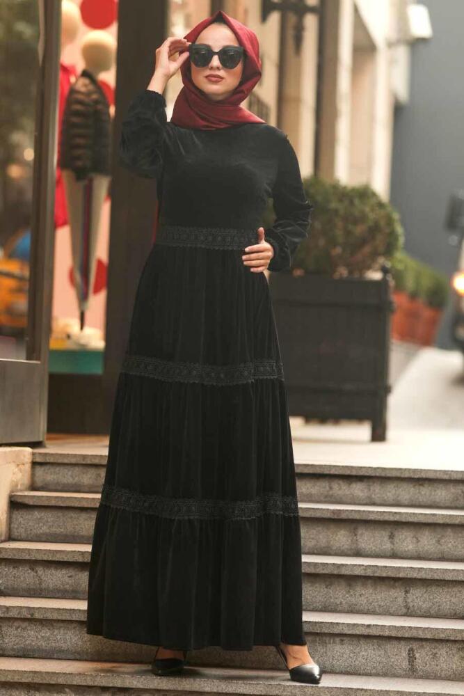 Neva Style - Dantel Detaylı Siyah Tesettür Kadife Elbise 50550S - 1