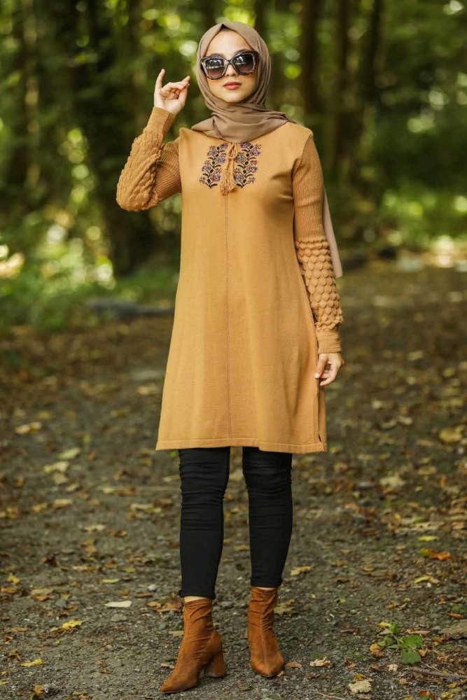 Neva Style - Dantel Detaylı Taba Tesettür Triko Tunik 14533TB - 1
