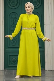 Neva Style - Dantel Detaylı Yağ Yeşili Tesettür Elbise 5852YY - Thumbnail
