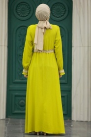 Neva Style - Dantel Detaylı Yağ Yeşili Tesettür Elbise 5852YY - Thumbnail