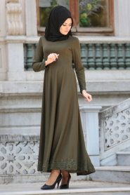 Neva Style - Dantel Detaylı Yeşil Tesettür Elbise 41450Y - Thumbnail