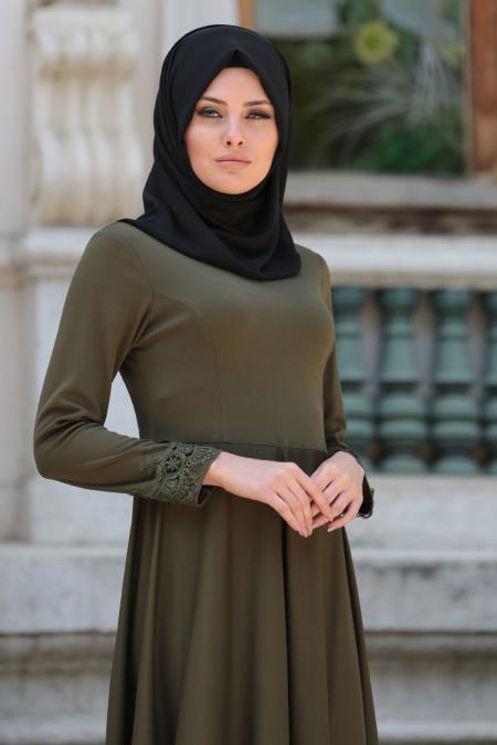 Neva Style - Dantel Detaylı Yeşil Tesettür Elbise 41450Y - 2