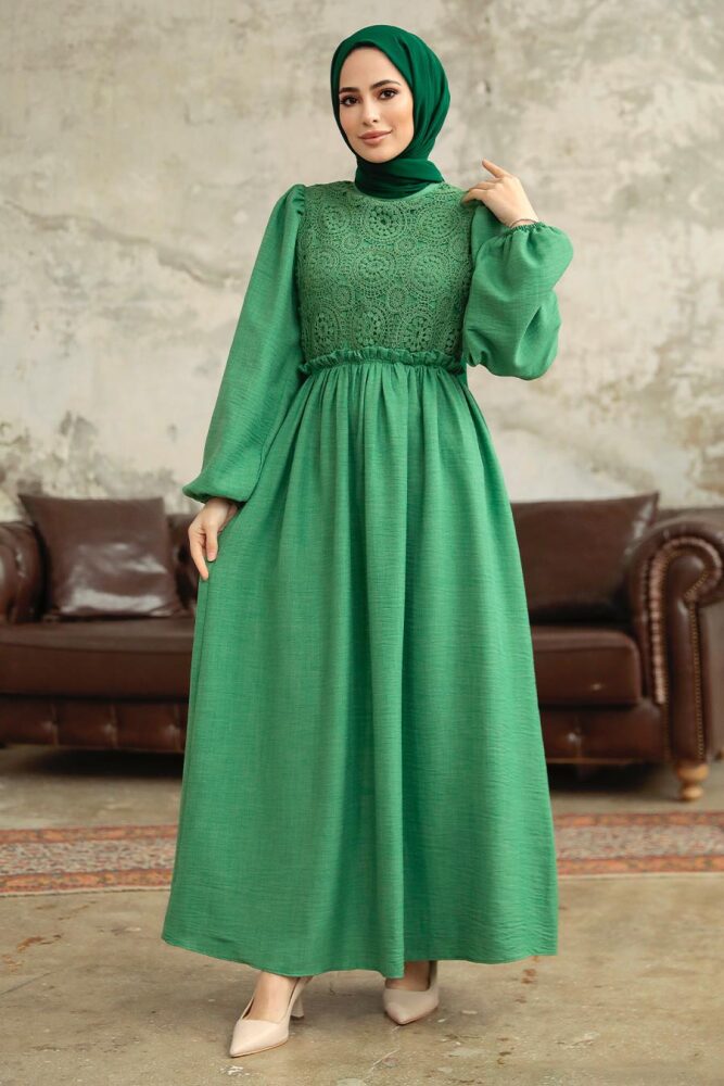  Dantel Detaylı Yeşil Tesettür Elbise 5857Y - 3