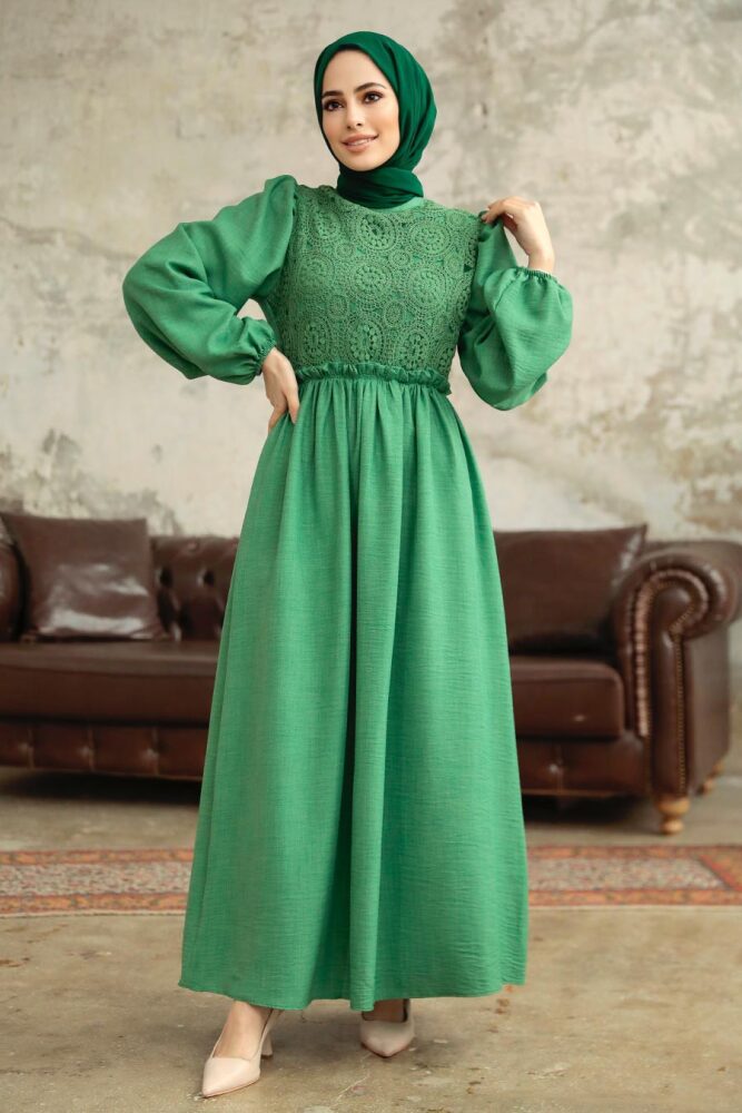  Dantel Detaylı Yeşil Tesettür Elbise 5857Y - 2