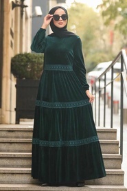 Neva Style - Dantel Detaylı Yeşil Tesettür Kadife Elbise 50550Y - Thumbnail