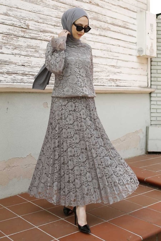 Neva Style - Dantel İşlemeli Gri Tesettür İkili Takım 3286GR - 1