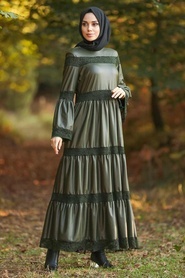 Neva Style - Dantel İşlemeli Haki Tesettür Deri Elbise 33550HK - Thumbnail