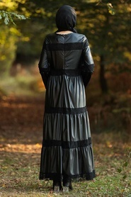 Neva Style - Dantel İşlemeli Siyah Tesettür Deri Elbise 33550S - Thumbnail