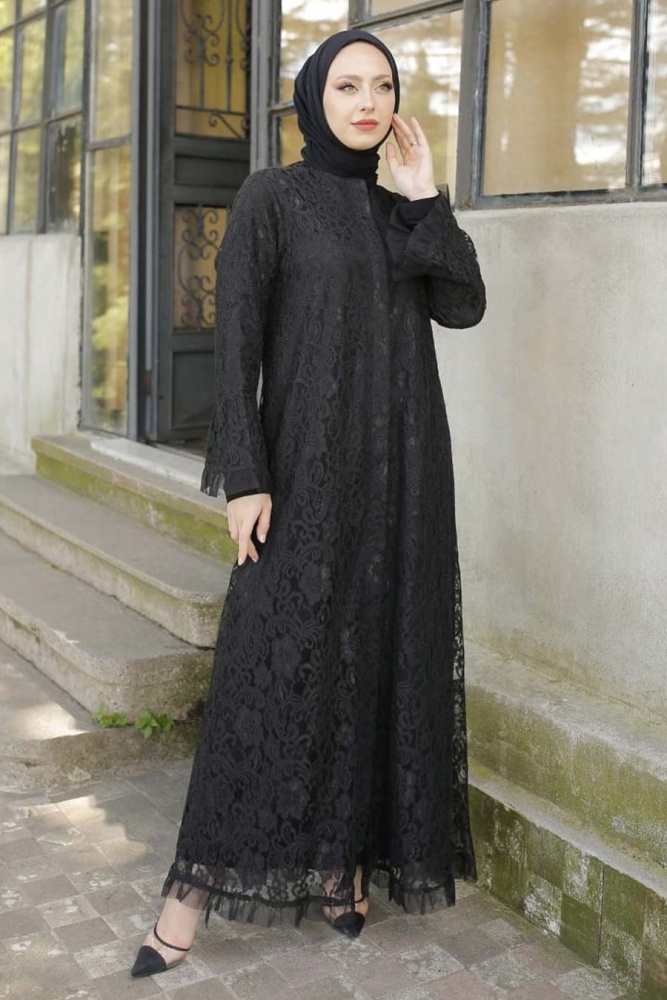 Neva Style - Dantel İşlemeli Siyah Tesettür Ferace 3345S - 1