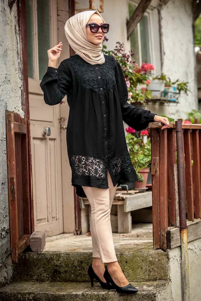 Neva Style - Dantel İşlemeli Siyah Tesettür Tunik 37890S - 1