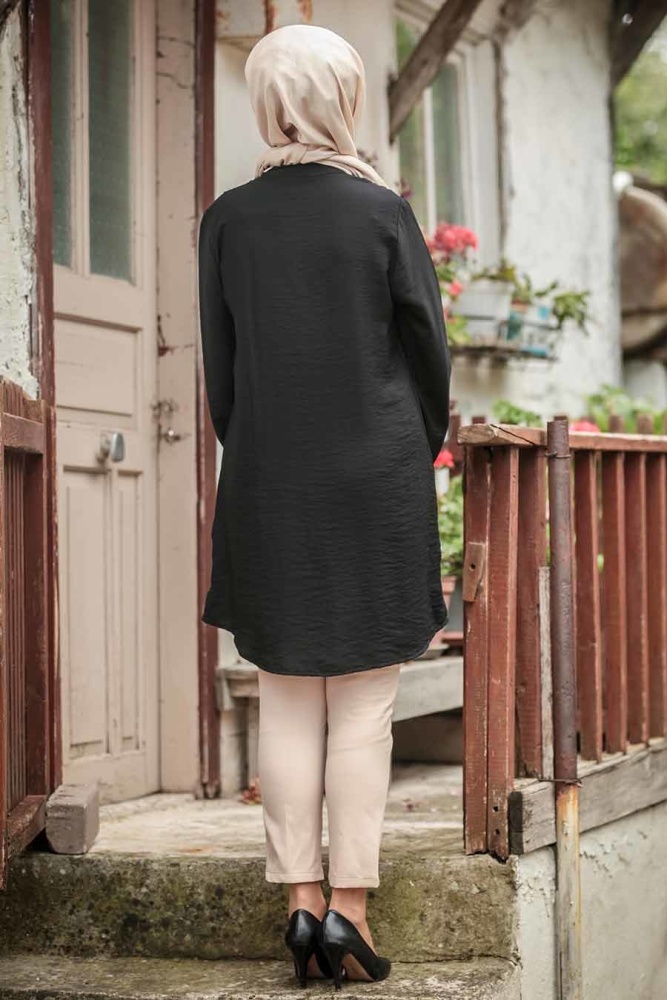 Neva Style - Dantel İşlemeli Siyah Tesettür Tunik 37890S - 2