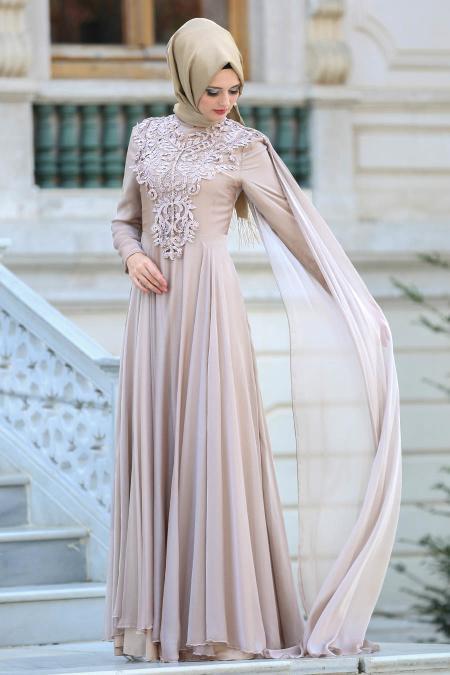 Neva Style - Dantelli Bej Tesettür Abiye Elbise 3566BEJ - 1