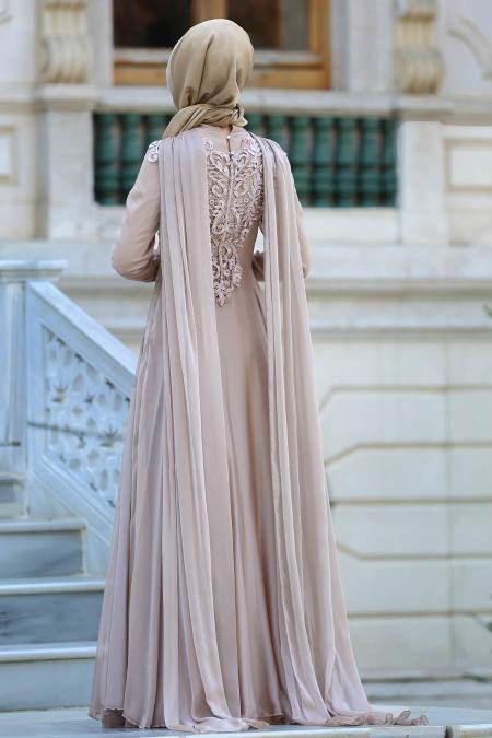 Neva Style - Dantelli Bej Tesettür Abiye Elbise 3566BEJ - 2