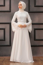 Neva Style - Dantelli Beyaz Tesettür Abiye Elbise 20671B - Thumbnail