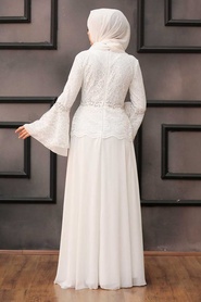 Neva Style - Dantelli Beyaz Tesettür Abiye Elbise 20671B - Thumbnail