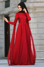 Neva Style - Dantelli Bordo Tesettür Abiye Elbise 3566BR - Thumbnail