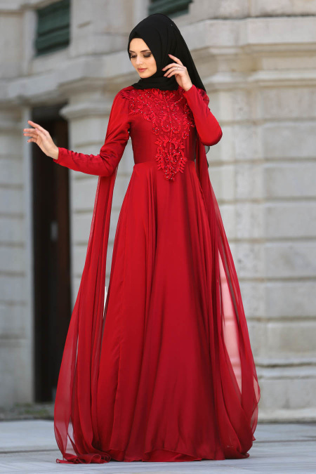 Neva Style - Dantelli Bordo Tesettür Abiye Elbise 3566BR