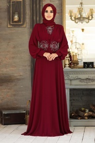 Neva Style - Dantelli Bordo Tesettür Abiye Elbise 9118BR - Thumbnail