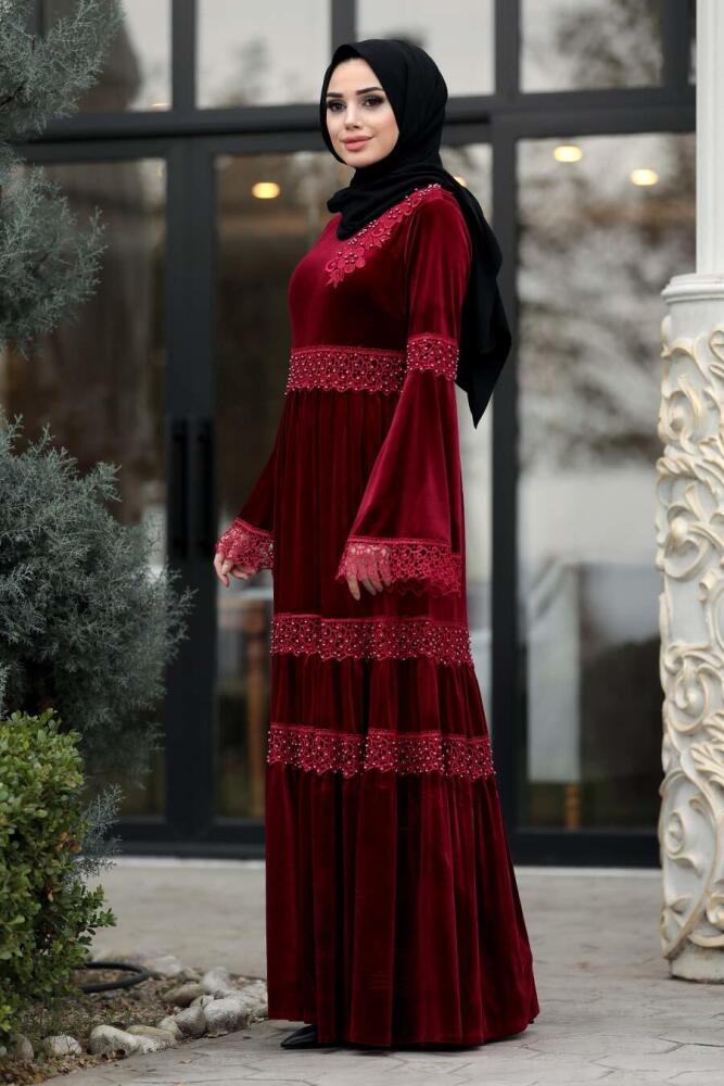 Neva Style - Dantelli Bordo Tesettür Kadife Elbise 1460BR - 1