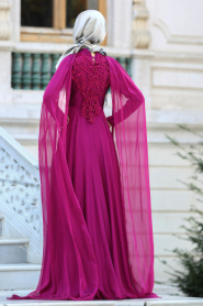 Neva Style - Dantelli Fuşya Tesettür Abiye Elbise 3566F - Thumbnail