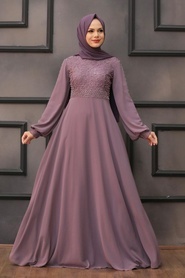 Neva Style - Dantelli Gül Kurusu Tesettür Abiye Elbise 50060GK - Thumbnail