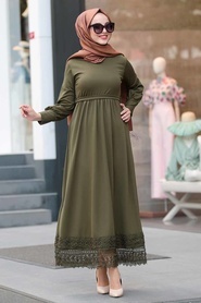 Neva Style - Dantelli Haki Tesettür Elbise 11101HK - Thumbnail