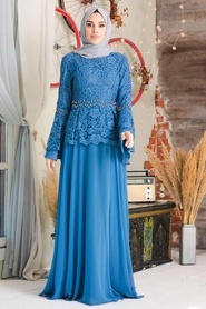 Neva Style - Dantelli İndigo Mavisi Tesettür Abiye Elbise 20671IM - Thumbnail